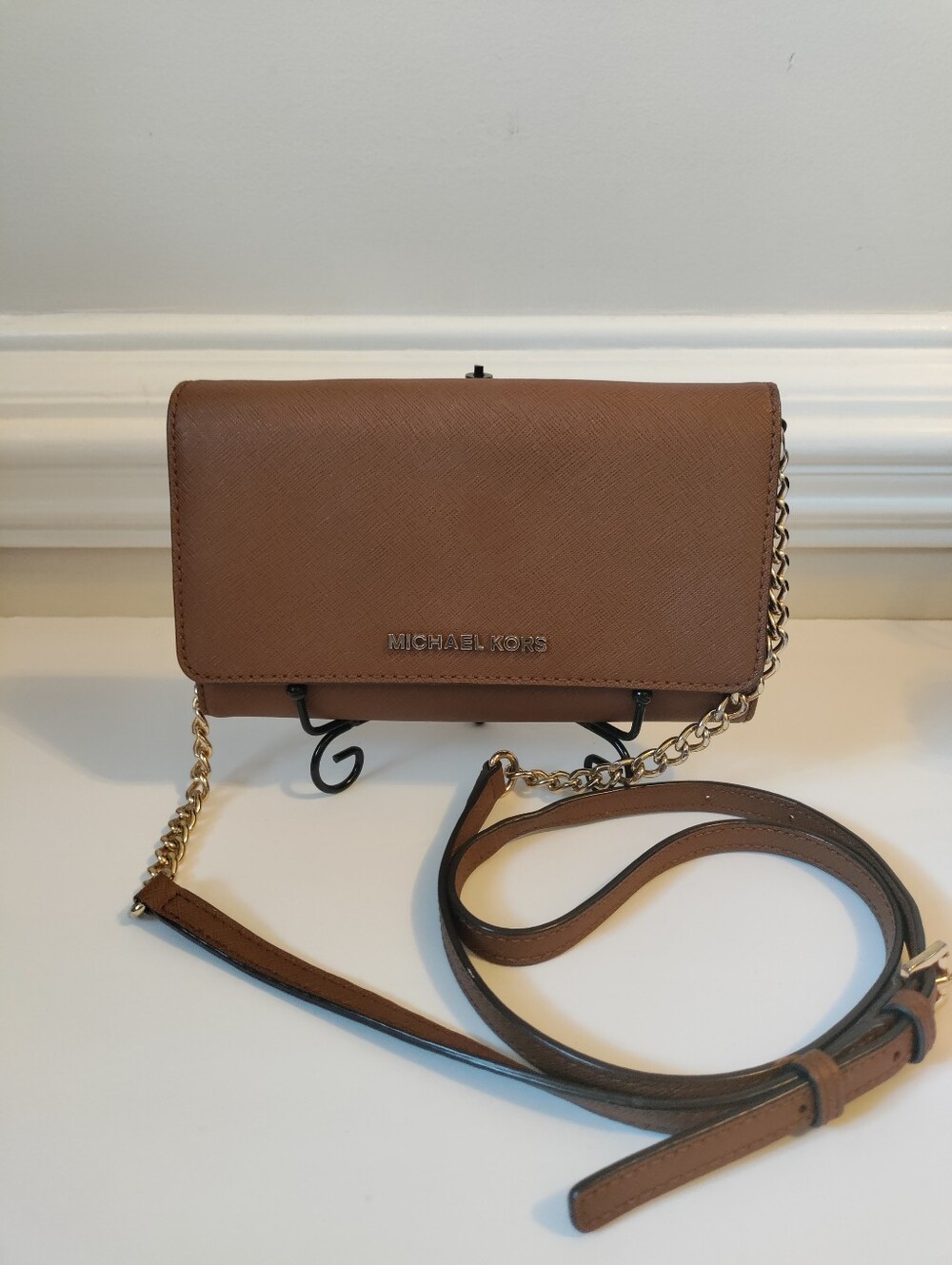 Michael Kors Cognac Saffiano Leather Crossbody Wallet with Gold Chain